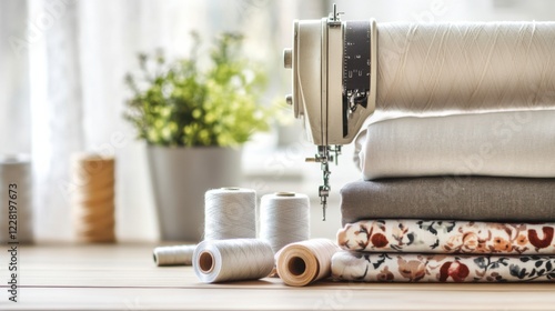 Scene of a sewing setup with a sewing machine. Featuring fabrics and sewing tools. Highlighting the art of sewing. Ideal for fashion and craft magazines. photo