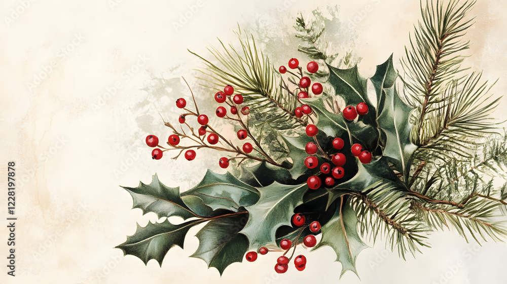 custom made wallpaper toronto digitalSeasonal botanical illustration showcasing vibrant holly and pine branches