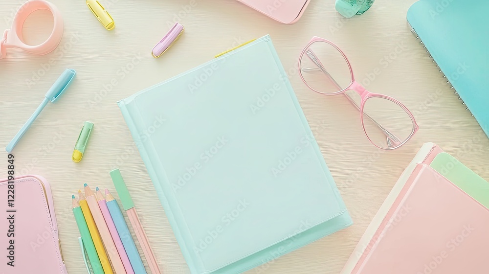 Pastel stationery, notebook, glasses, desk, flatlay, background, office supplies, planning Pastel stationery, notebook, glasses, desk, flatlay, background, office supplies, planning