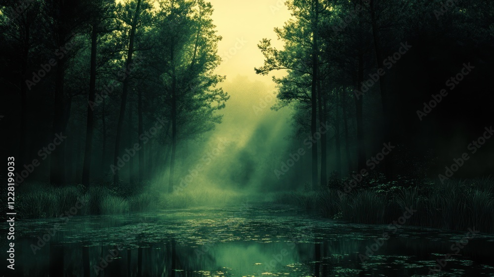 Obraz premium Misty Forest Canal Enveloped In Verdant Shadows