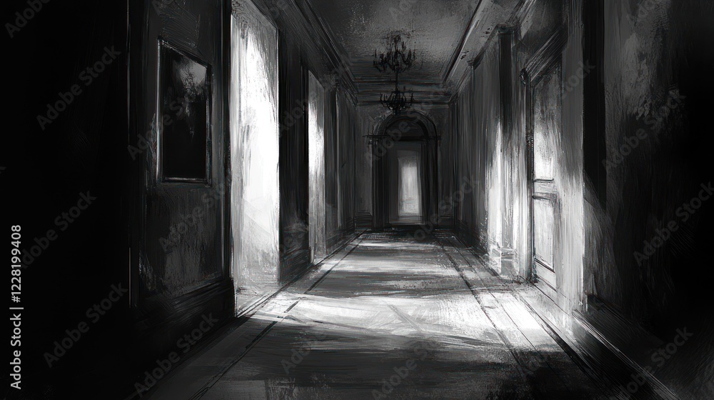 Obraz premium Dark Hallway Leads To Light At End Of Mysterious Corridor