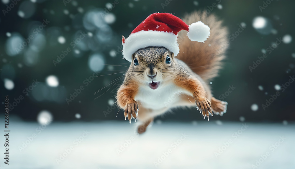 A jumping squirrel wearing a Christmas hat. A jumping squirrel wearing a Christmas hat.