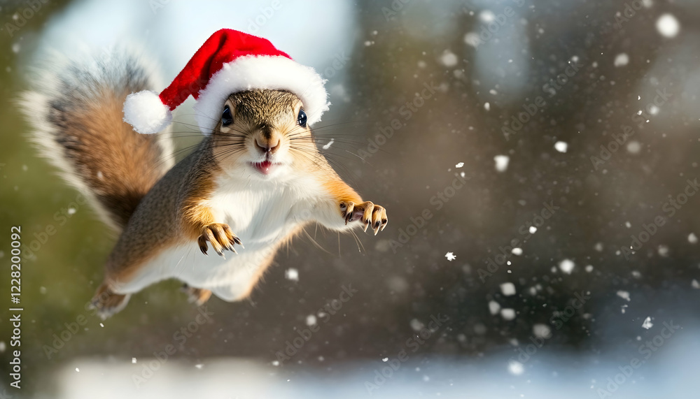 A jumping squirrel wearing a Christmas hat. A jumping squirrel wearing a Christmas hat.