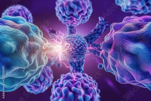 Microscopic view of immune cells attacking a cancer cell, using energy bursts to destroy it. photo