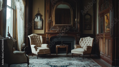 Elegant antique room with ornate fireplace and comfortable chairs