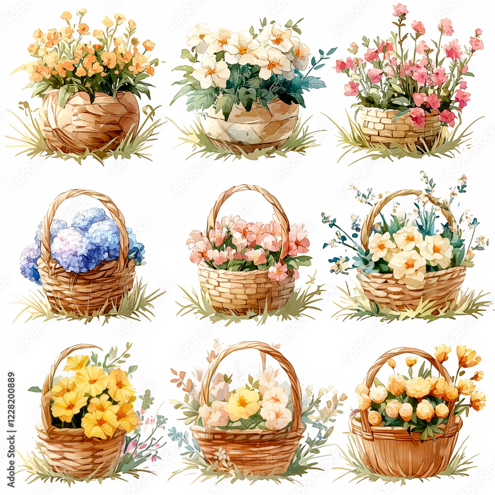 Set of nine beautiful wicker baskets with flowers, on a white background, watercolor illustration Set of nine beautiful wicker baskets with flowers, on a white background, watercolor illustration