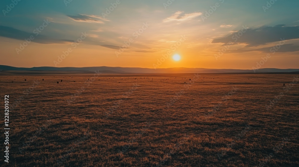 Sunset over a vast golden grassland plain Sunset over a vast golden grassland plain