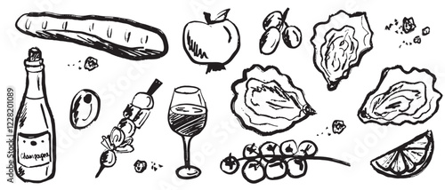 French lunch time. Champagne bottle, snacks, wine, oyster design in brush stroke texture isolated on white background. Hand drawn vector sketch illustration in vintage charcoal ink. Menu design