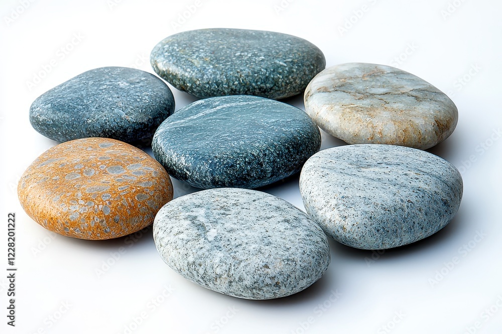 A collection of smooth, colorful stones arranged on a white background. A collection of smooth, colorful stones arranged on a white background.