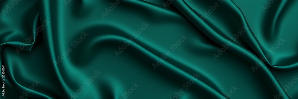 Obraz premium High-resolution stock photo Wide banner, top-view flat lay of dark green silk satin with soft folds. 