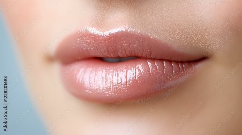 Fototapeta premium Close up view of natural pink glossy lips with soft shine and smooth texture against blurred skin background, showing professional beauty and skincare results.