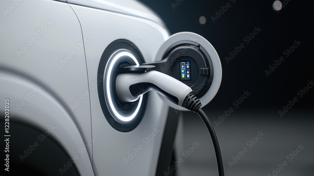A close-up of an electric vehicle charging port, showcasing a sleek design with a charging cable connected, highlighting modern automotive technology. A close-up of an electric vehicle charging port, showcasing a sleek design with a charging cable connected, highlighting modern automotive technology.