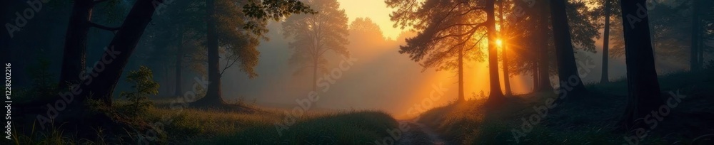Softly glowing light sources illuminate a misty forest landscape, night, golden Softly glowing light sources illuminate a misty forest landscape, night, golden