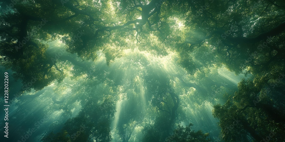 Obraz premium Dramatic sunlight filtering through dense forest canopy nature scene tranquil environment ground perspective serenity