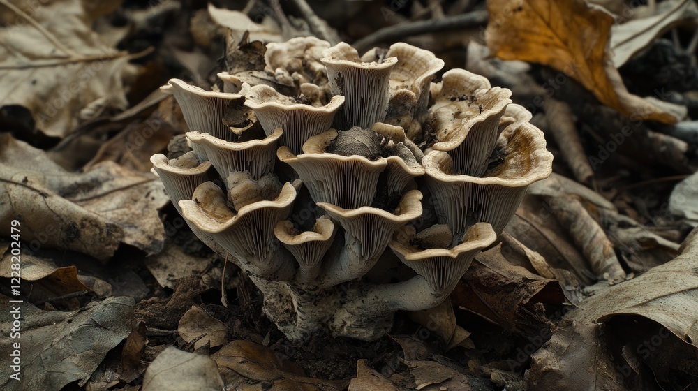 Cluster of Pale Beige Mushrooms Amongst Autumn Leaves Cluster of Pale Beige Mushrooms Amongst Autumn Leaves