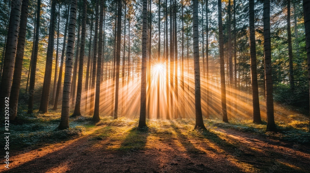Fototapeta premium Sunbeams Illuminate a Misty Forest Path