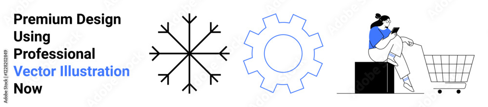 Abstract snowflake, gear icon, and a woman sitting next to a shopping cart using her phone. Ideal for online shopping, e-commerce, technology, apps, marketing, innovation and user experience Abstract snowflake, gear icon, and a woman sitting next to a shopping cart using her phone. Ideal for online shopping, e-commerce, technology, apps, marketing, innovation and user experience