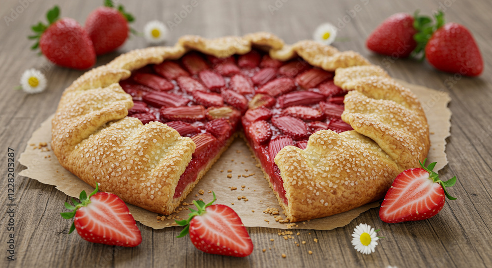 Strawberry pie with fresh strawberries and rhubarb on a wooden table. Delicious dessert with fresh strawberries and rhubarb Strawberry pie with fresh strawberries and rhubarb on a wooden table. Delicious dessert with fresh strawberries and rhubarb