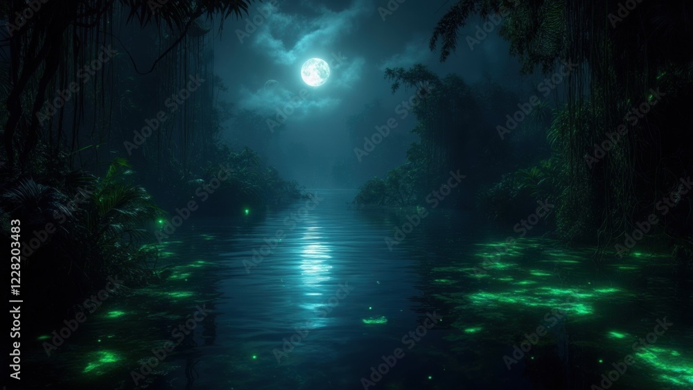 Enchanted moonlit river reflecting glowing lights in a serene jungle at night Enchanted moonlit river reflecting glowing lights in a serene jungle at night