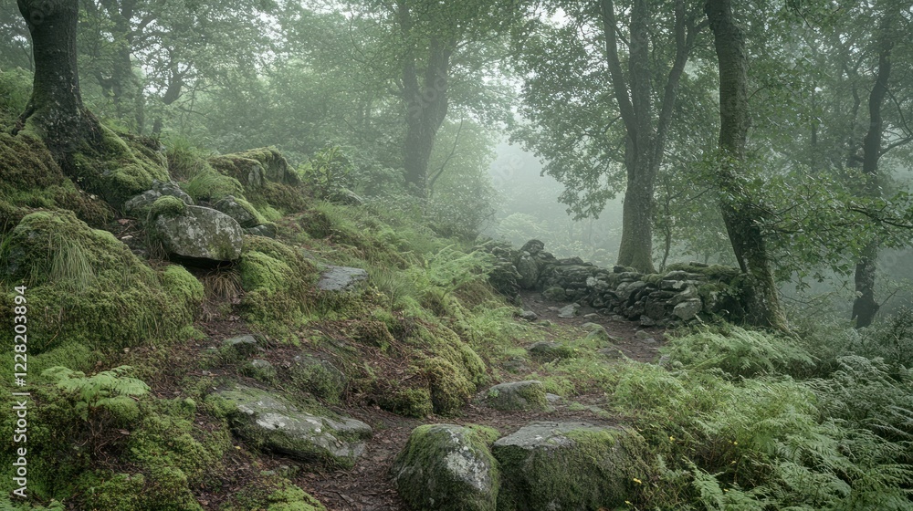 Mossy Forest Path Stone Wall Misty Scene Mossy Forest Path Stone Wall Misty Scene