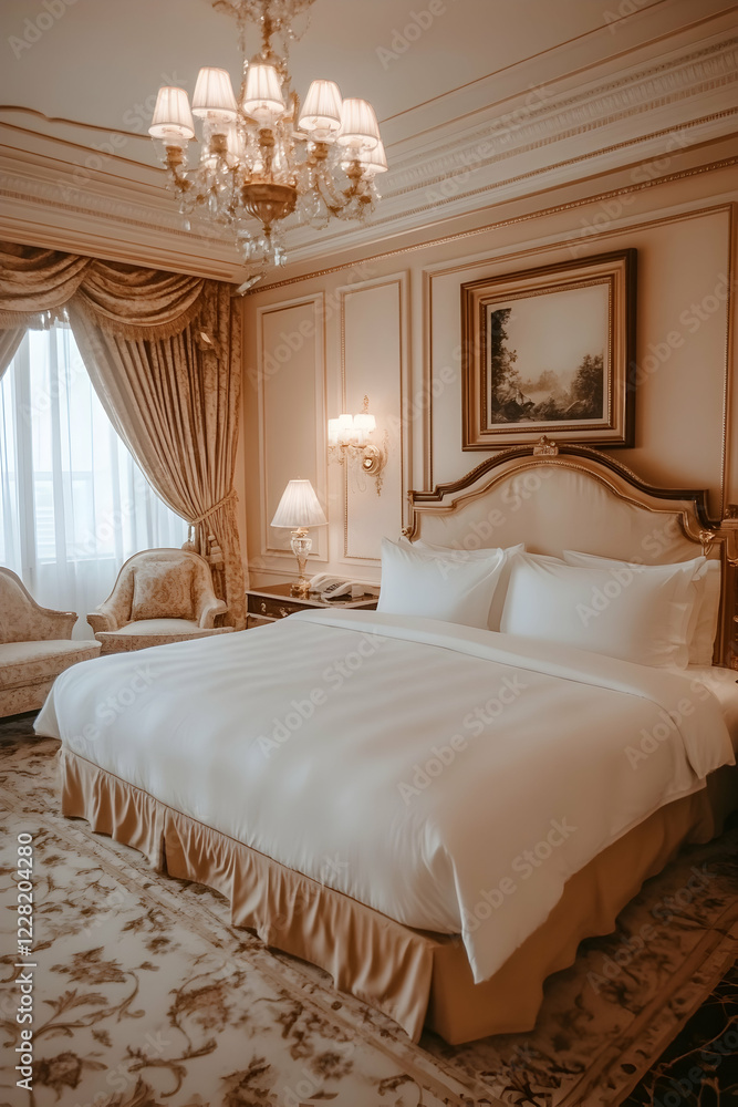 Fototapeta premium A luxury hotel room showcasing plush white bedding and sophisticated decor elements, embodying comfort and high-end hospitality for a memorable stay