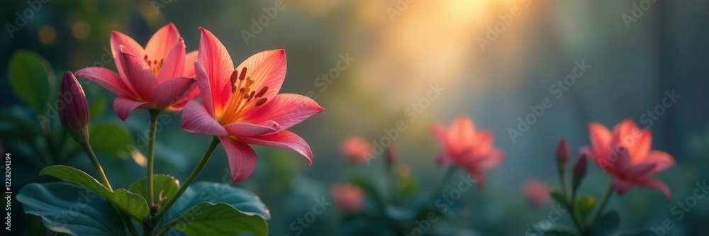 Softly glowing lily blooms in misty atmosphere, bloom, plant Softly glowing lily blooms in misty atmosphere, bloom, plant