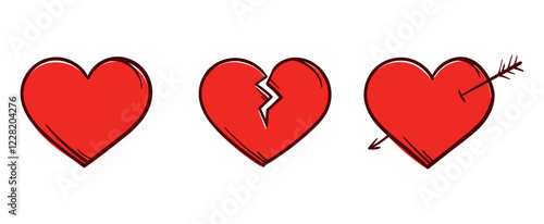 Heart, broken heart, heart with Cupid's arrow. Set of vector hand-drawn elements for banner, postcard, poster