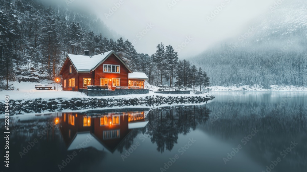 Fototapeta premium House and winter forest over lake with reflection covered by heavy snow.