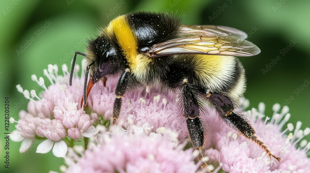 Bumblebee foraging on pink flower blossoms Bumblebee foraging on pink flower blossoms