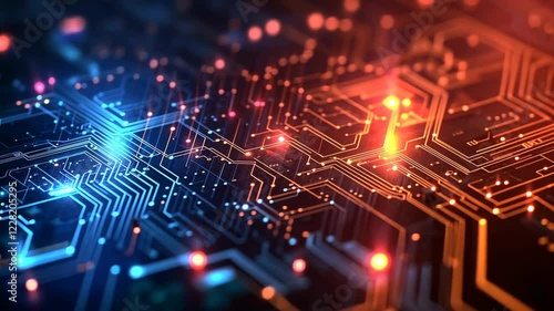 Wallpaper Mural Dynamic circuit board with glowing blue and orange light patterns in high resolution technology visualization Torontodigital.ca