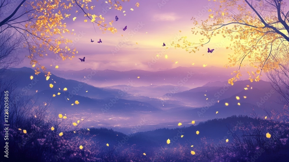 Naklejka premium Serene Autumn Landscape With Falling Leaves And Butterflies