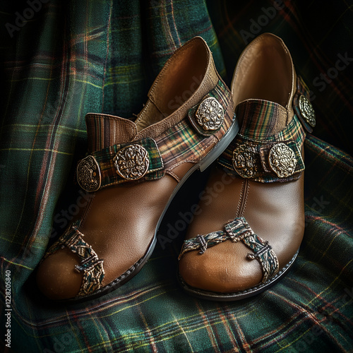 UpscaleВысококлассный
1d




Irish dance shoes with decorative buckles, resting next to a green tartan skirt, with subtle lighting highlighting the details of the shoes and fabric. photo