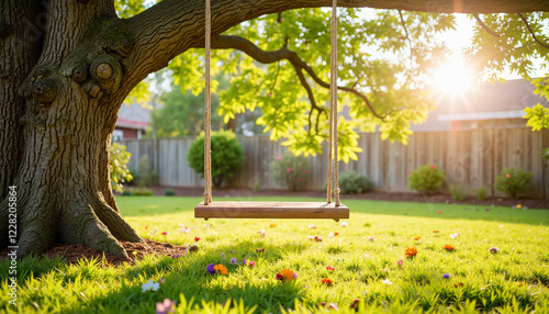 Swing hanging from tree in sunlit backyard