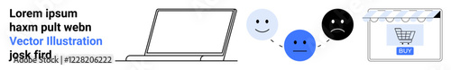 Laptop with customer faces expressing varied emotions, connected to an online shopping cart. Ideal for customer feedback, service analysis, e-commerce, UX design, satisfaction tracking, shopping