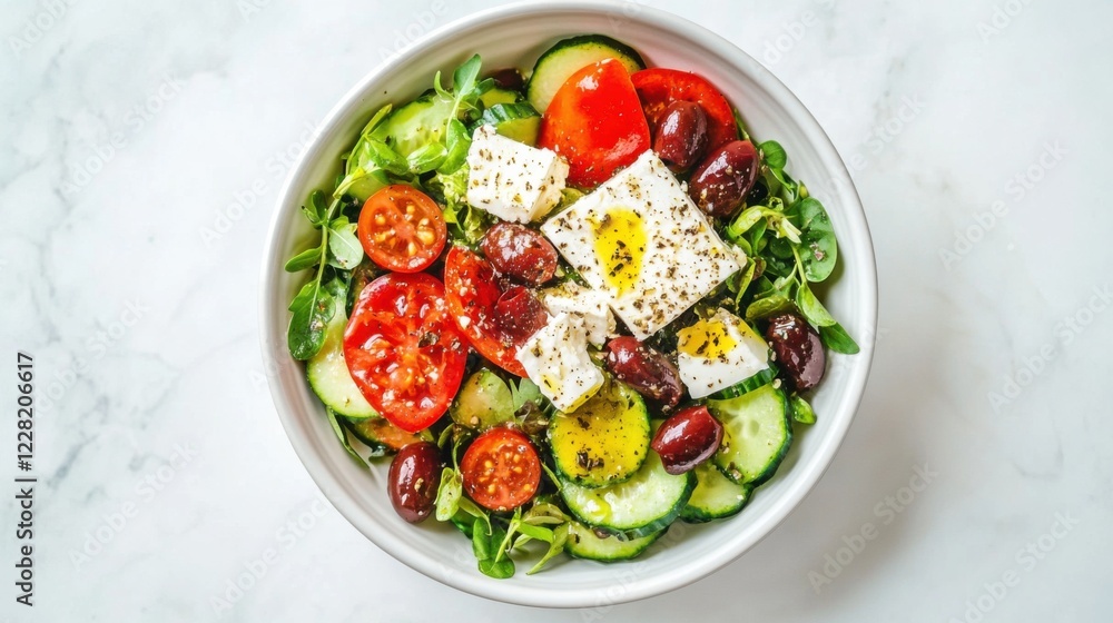 A fresh Greek salad with cucumber, tomatoes, olives A fresh Greek salad with cucumber, tomatoes, olives