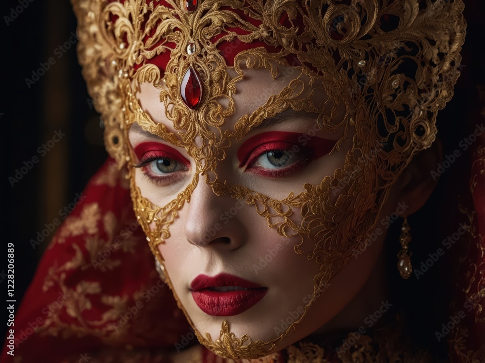Intricate baroque luxury displayed through ornate costume and striking makeup in a lavish setting Intricate baroque luxury displayed through ornate costume and striking makeup in a lavish setting
