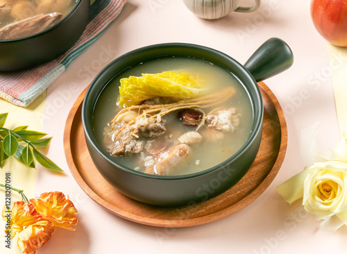 Ginseng Glutinous Rice Chicken Soup served in bowl on wooden tray side view of taiwan hot soup photo