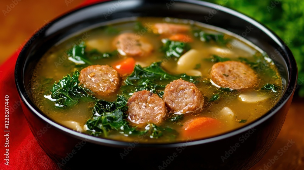 Hearty kale sausage soup with carrots and garlic in black bowl Hearty kale sausage soup with carrots and garlic in black bowl