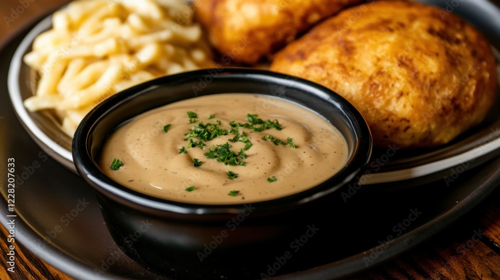 National Sauce Month Creamy gravy with biscuits and pasta on black plate National Sauce Month Creamy gravy with biscuits and pasta on black plate