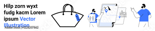 Shopping bag icon, map pinpoints with images on screen, and collaborations highlight online shopping, travel, logistics, global business, marketing, user guidance, and flat landing page banner