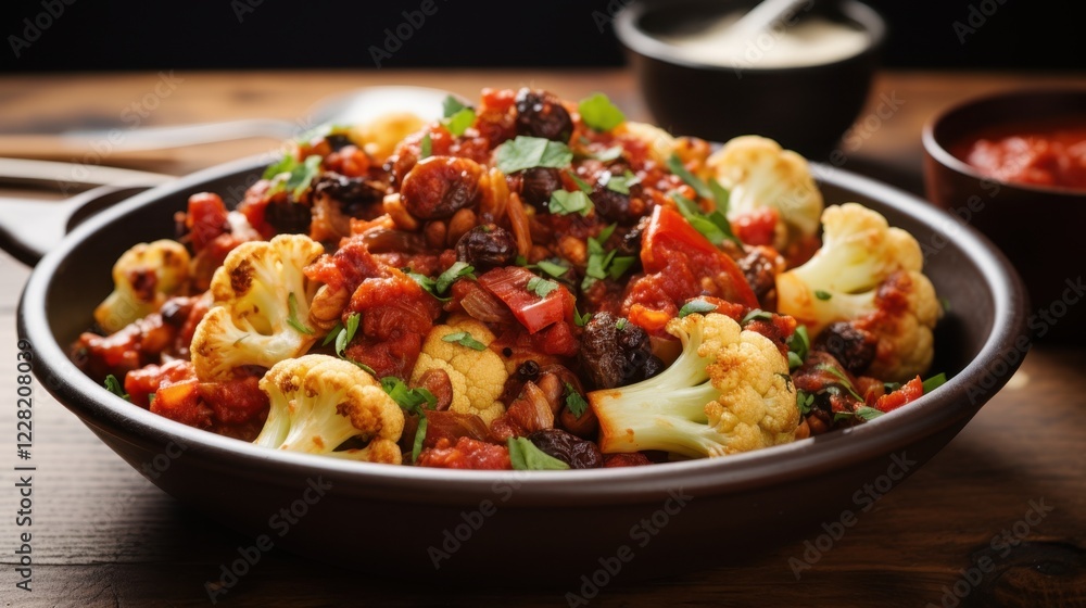 Spicy cauliflower and black bean stew with fresh herbs in dark bowl Spicy cauliflower and black bean stew with fresh herbs in dark bowl