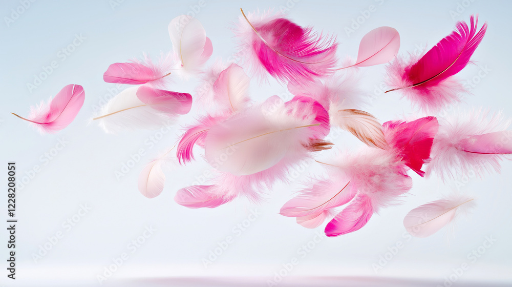 Fototapeta premium Floating Pink Feathers on Light Background Capturing Elegance and Softness in Motion