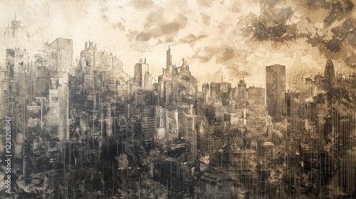 Surreal pencil sketch of sprawling futuristic city skyline in sepia tones.
 photo