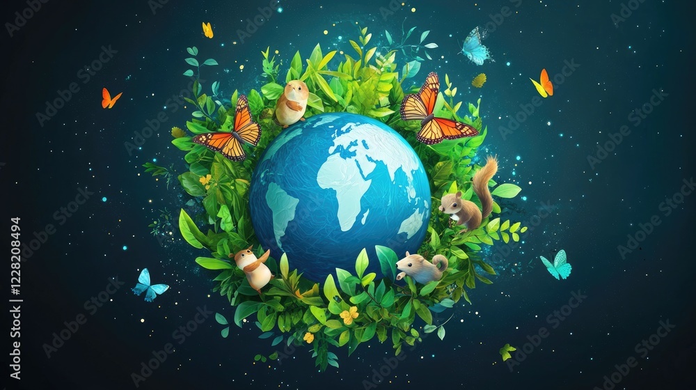 Fototapeta premium Earth Day Globe surrounded by lush greenery, animals, and butterflies, against a dark background. Perfect for environmental campaigns