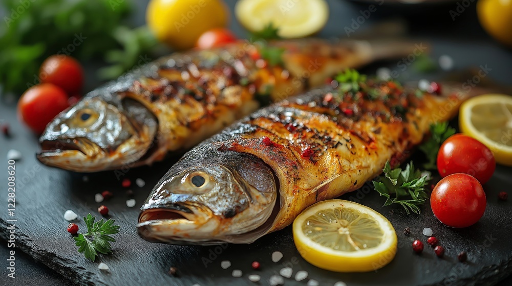 Grilled Whole Fish with Lemon, Cherry Tomatoes, and Herbs on a Black Slate for Mediterranean Cuisine, Fine Dining, and Healthy Seafood Recipes Grilled Whole Fish with Lemon, Cherry Tomatoes, and Herbs on a Black Slate for Mediterranean Cuisine, Fine Dining, and Healthy Seafood Recipes