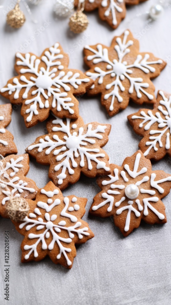 Delicious snowflake gingerbread cookies decorated with white icing Delicious snowflake gingerbread cookies decorated with white icing