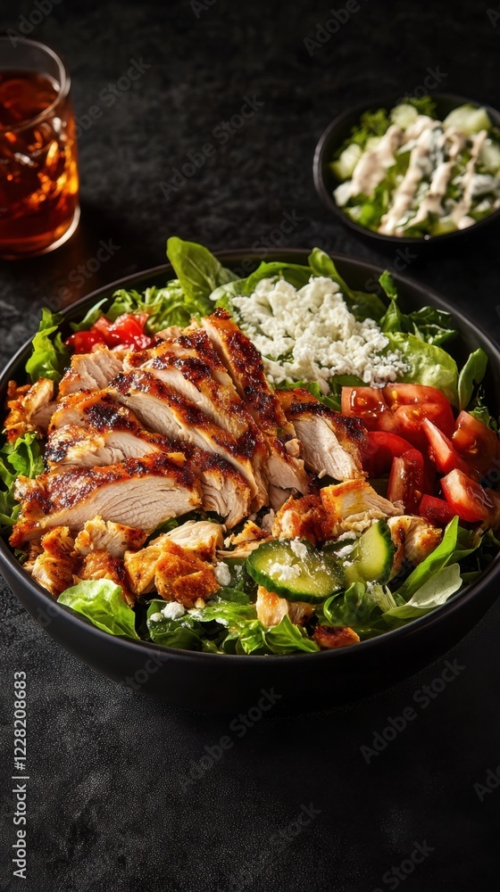 Grilled chicken salad with fresh vegetables and blue cheese on dark background Grilled chicken salad with fresh vegetables and blue cheese on dark background