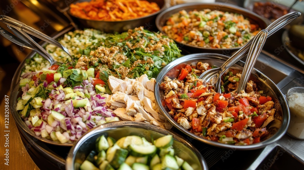 Vibrant array of fresh salads with diverse vegetables and chicken ingredients Vibrant array of fresh salads with diverse vegetables and chicken ingredients
