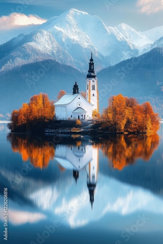 Church and Fall forest with snow mountain over still lake water.