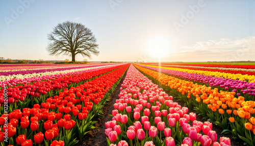 Tulip Field fields during sunset with solitary tree